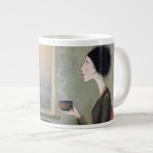 Taza De Café Gigante Mujer caprichosa sentada en la ventana sosteniendo