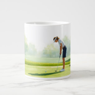 Taza De Café Gigante Mujer golfista de golf está jugando golf en green