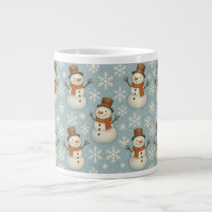 Taza De Café Gigante Muñeco de nieve azul vintage y copos de nieve de N