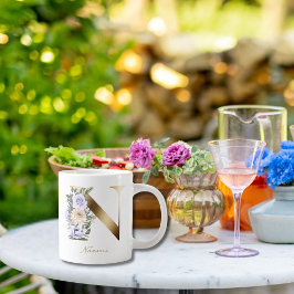 Taza De Café Gigante N Letra oro Monograma claro Crema púrpura Floral