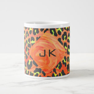 Taza De Café Gigante Naranja de monograma leopardo e impresión amarilla