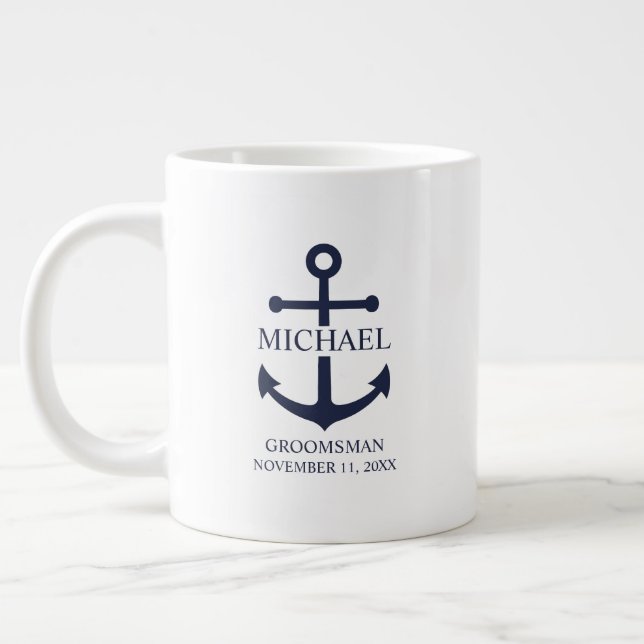 Taza De Café Gigante Nautical Navy Blue Anchor Personalizado Groomsmen (Izquierda)