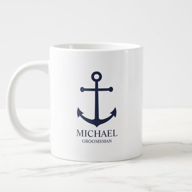 Taza De Café Gigante Nautical Navy Blue Anchor Personalizado Groomsmen (Izquierda)