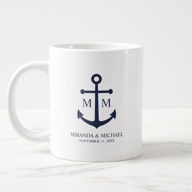 Taza De Café Gigante Nautical Navy Blue Anchor Wedding (Izquierda)