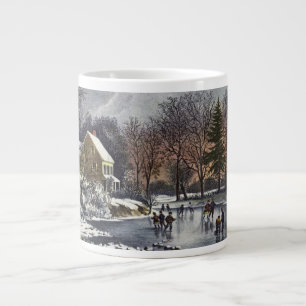 Taza De Café Gigante Navidad vintage, primeros patinadores de invierno 