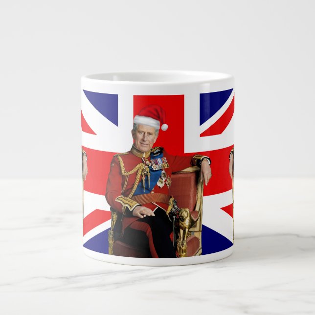 Taza De Café Gigante Navidades británicos Feliz Rey Carlos III (Frente)