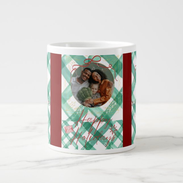 Taza De Café Gigante Navidades de gingham verde personalizados (Frente)