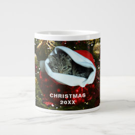 Taza De Café Gigante Navidades de Sombrero Red Gray Cat Shorthair 20XX