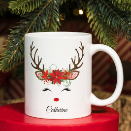 Taza De Café Gigante Navidades florales nombre personalizado reno