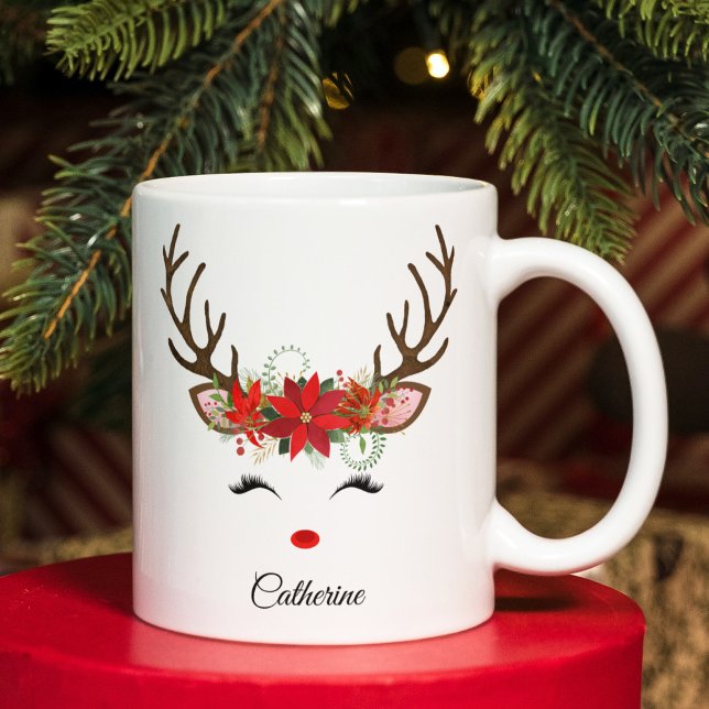 Taza De Café Gigante Navidades florales nombre personalizado reno (Subido por el creador)