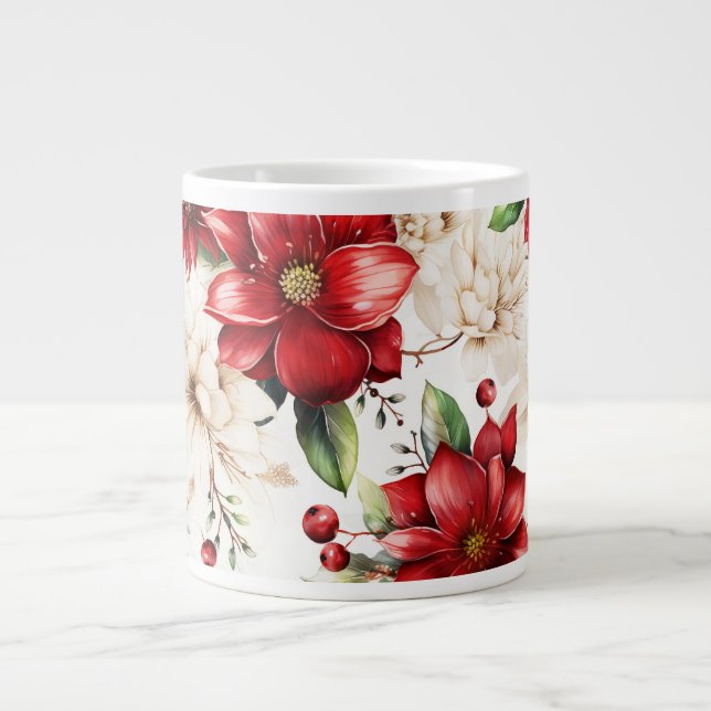 Taza De Café Gigante Navidades Flores Poinsettia Patrón Verde Rojo (Frente)