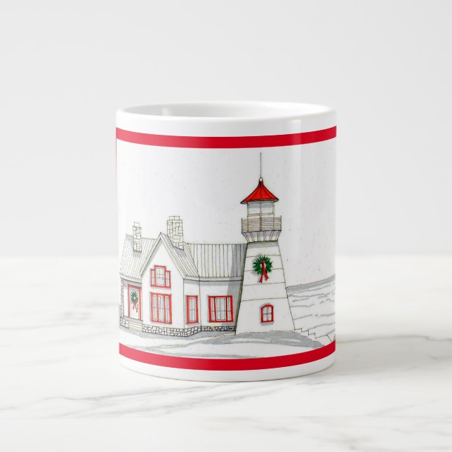 Taza De Café Gigante Navidades Jumbo del faro dibujado a mano (Frente)