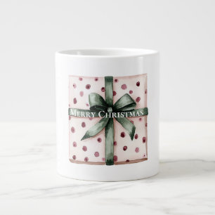 Taza De Café Gigante Navidades puntos rosados Cinta verde y reverso