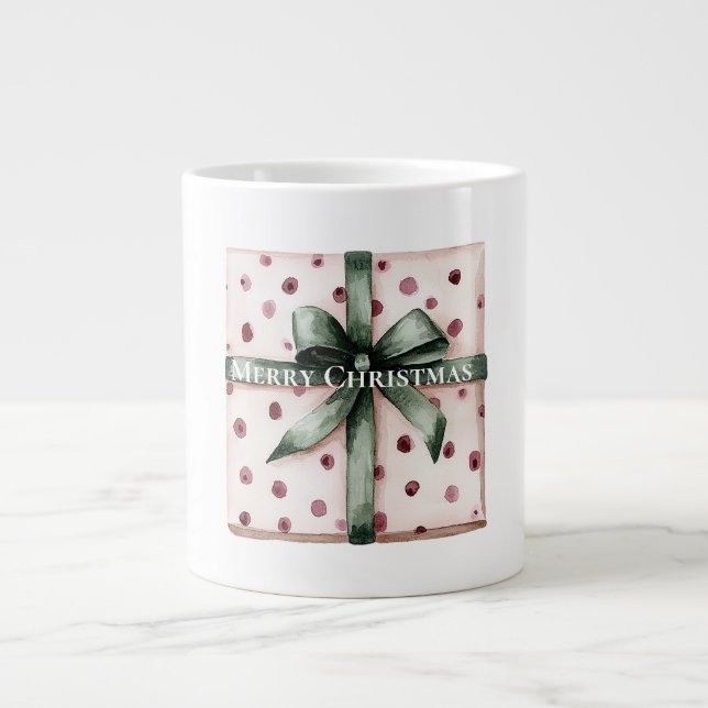 Taza De Café Gigante Navidades puntos rosados Cinta verde y reverso (Frente)