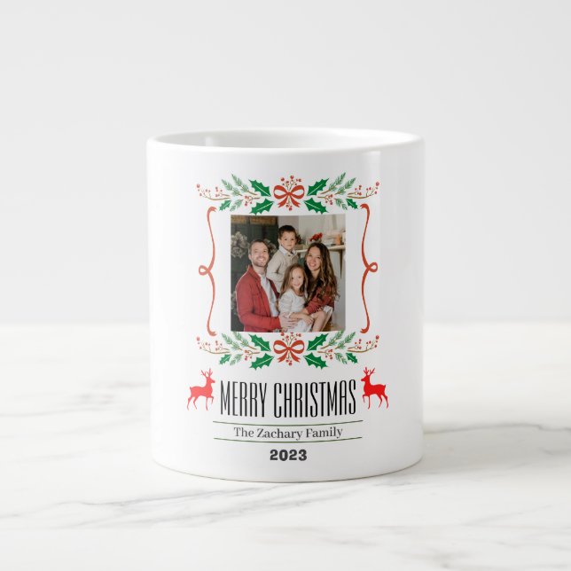 Taza De Café Gigante Navidades Wreath días festivos Script Family Photo (Frente)