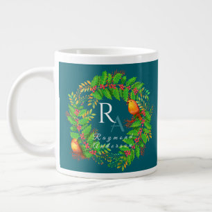 Taza De Café Gigante Navidades Wreath Monogram Ocean Blue