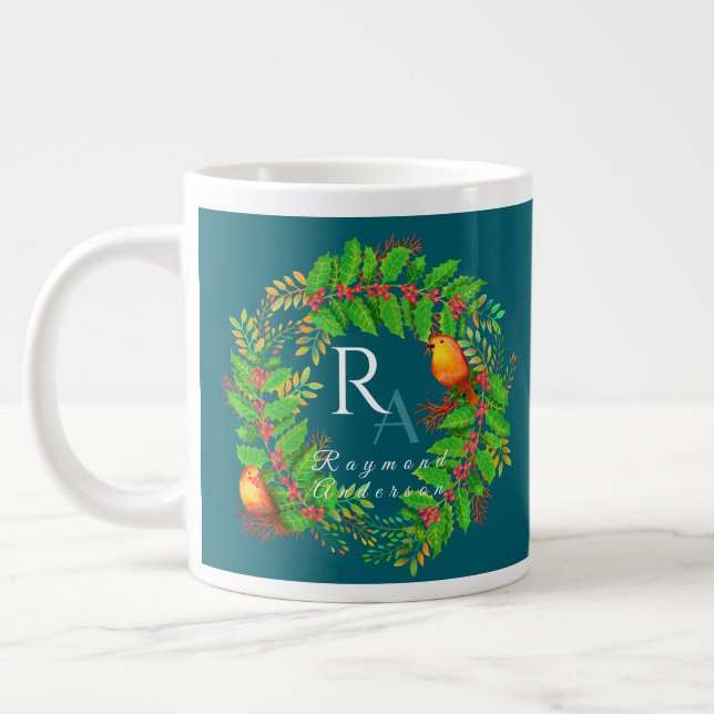 Taza De Café Gigante Navidades Wreath Monogram Ocean Blue (Izquierda)