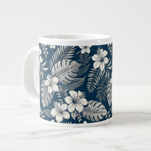 Taza De Café Gigante Navy Blue Hibiscus Monstera Tropical Botanical
