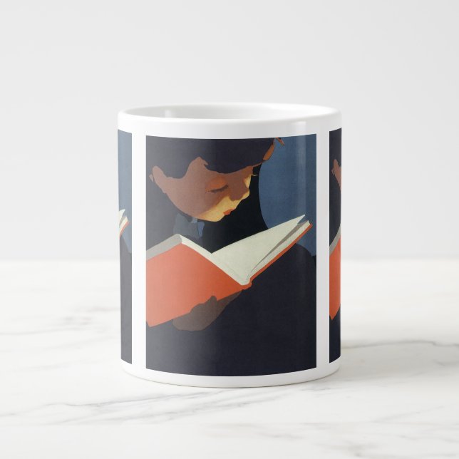 Taza De Café Gigante Niño de la época leyendo un libro de la biblioteca (Frente)