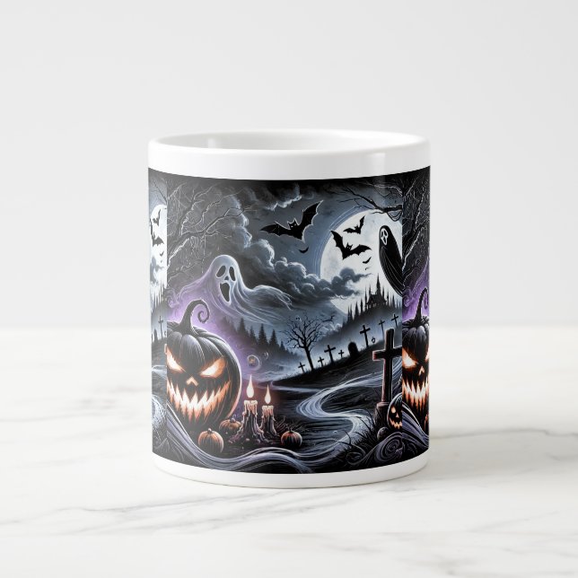 Taza De Café Gigante Noche de Halloween espeluznante: Calabazas embruja (Frente)