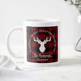 Taza De Café Gigante Nombre de la familia Red and Black Buffalo Plaid
