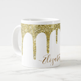 Taza De Café Gigante Nombre de Monograma con Brillo de Oro Elegante