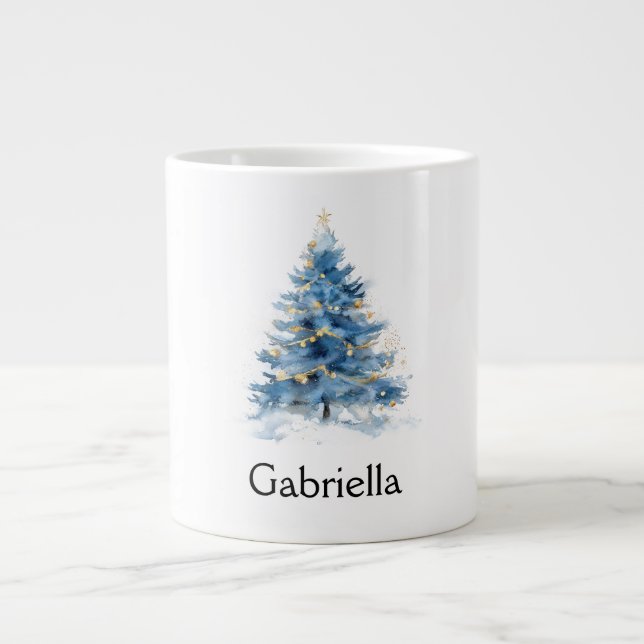 Taza De Café Gigante Nombre del árbol de navidad de oro azul (Frente)
