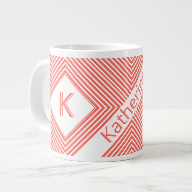 Taza De Café Gigante Nombre inicial | Coral diagonal Funky/franjas blan (Izquierda)