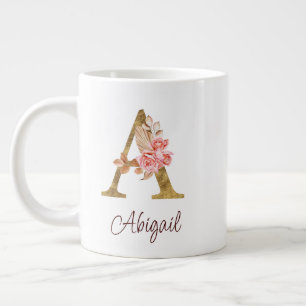 Taza De Café Gigante Nombre personalizado Blush rosa rosas letra A con