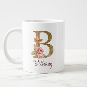 Taza De Café Gigante Nombre personalizado Blush rosas rosadas hoja dora