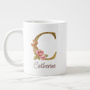 Taza De Café Gigante Nombre personalizado Blush rosas rosadas letra C c