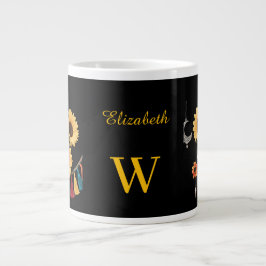 Taza De Café Gigante Nombre personalizado Boho Floral Sunflower Negro