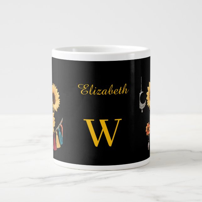 Taza De Café Gigante Nombre personalizado Boho Floral Sunflower Negro (Frente)