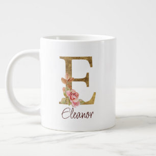 Taza De Café Gigante Nombre personalizado Carta E Hoja de Oro Rosas Ros
