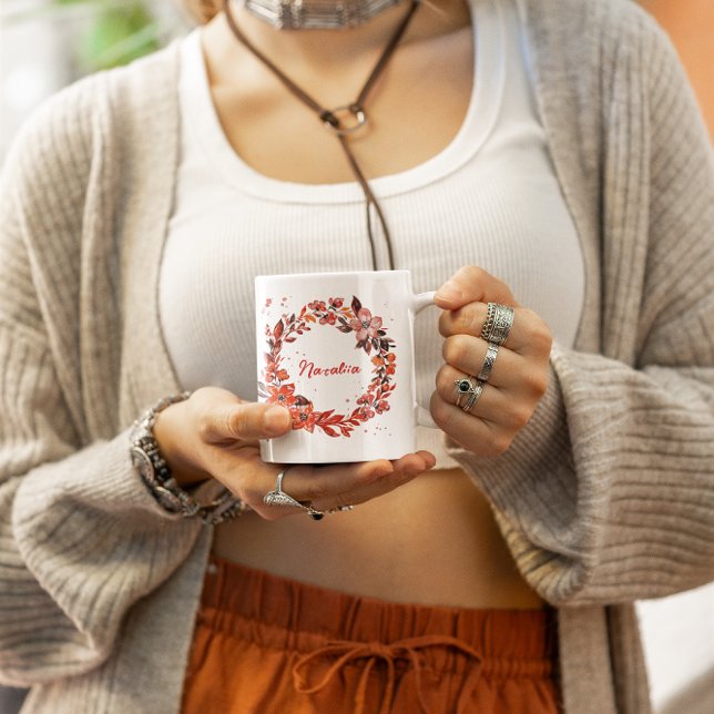 Taza De Café Gigante Nombre personalizado de Wreath floral de naranja (Orange Floral Wreath Custom Name Giant Coffee Mug)