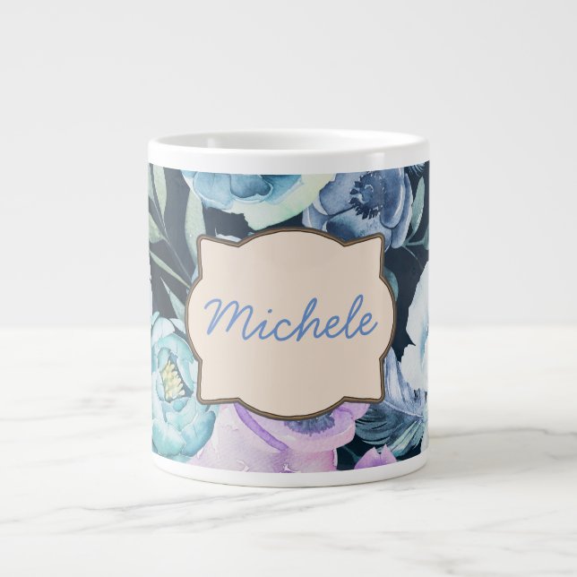 Taza De Café Gigante Nombre personalizado Fondo azul floral (Frente)