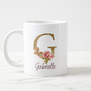 Taza De Café Gigante Nombre personalizado letra G rosa blush con rosas 