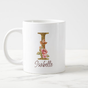Taza De Café Gigante Nombre personalizado letra I Lámina de oro rosas r