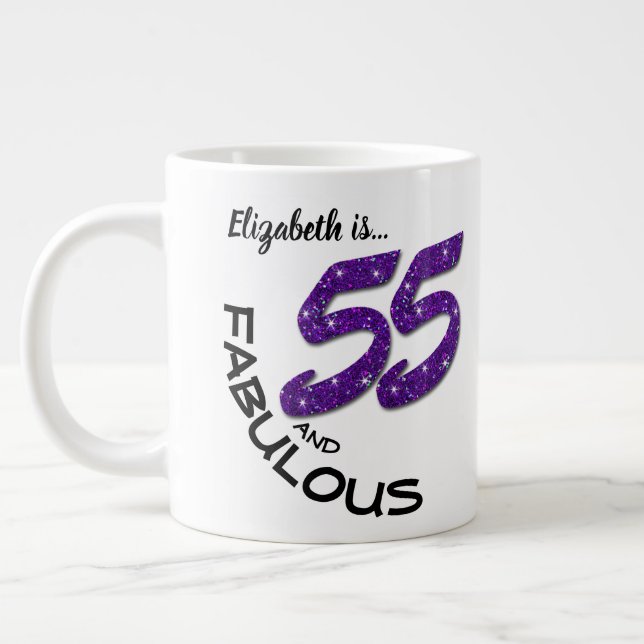 Taza De Café Gigante Nombre personalizado Purpurina púrpura de 55 años  (Izquierda)