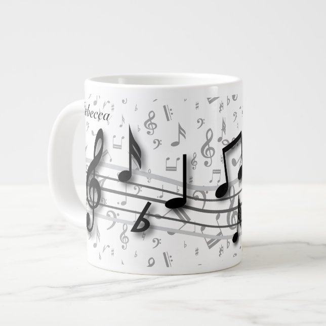 Taza De Café Gigante Notas musicales negras y grises personalizadas (Izquierda)