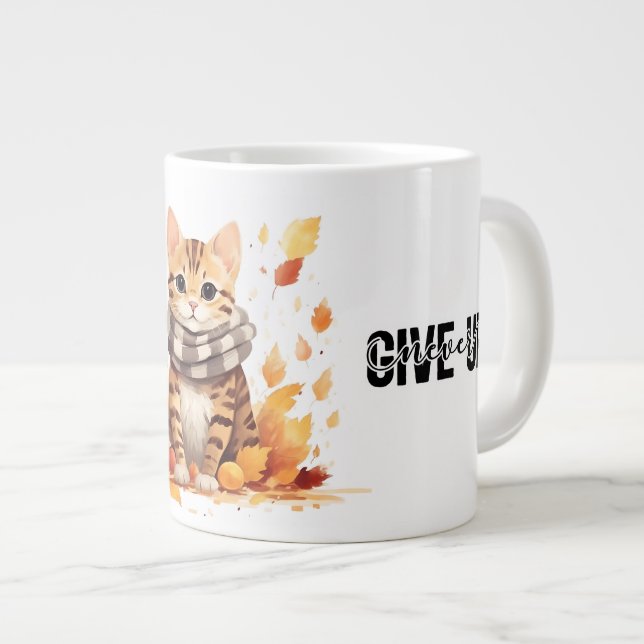 Taza De Café Gigante Nunca te rindas con un lindo gato bengalí en otoño (Derecha)