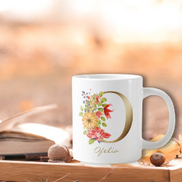 Taza De Café Gigante O Letra oro monograma amarillo rojo morado floral