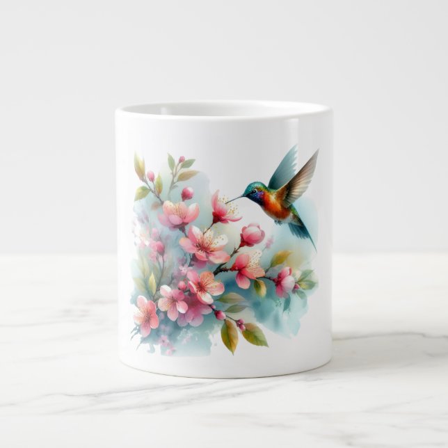 Taza De Café Gigante Obra artística de colibrí floral/primavera (Frente)