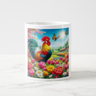 Taza De Café Gigante Obra de arte de gallos/gallos/gallinas con flores/