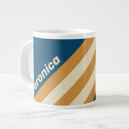 Taza De Café Gigante Olas Azules Retro con Franjas y Nombre