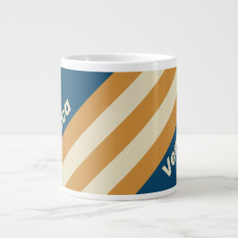 Taza De Café Gigante Olas Azules Retro con Franjas y Nombre