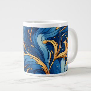 Taza De Café Gigante Olas Reales de Capricho Remolinos de Azul y Dorado