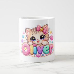 Taza De Café Gigante Oliver Gato Kawaii Mono Nombre Rosa Pastel Brillan