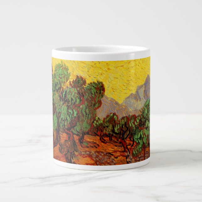 Taza De Café Gigante Olivos Van Gogh con cielo y sol amarillos (Frente)