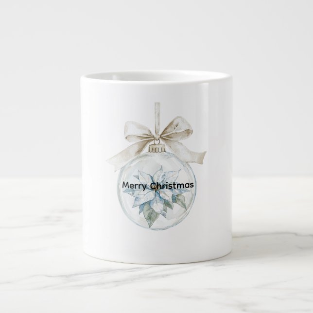 Taza De Café Gigante Ornamento de Navidad Blue Floral White Bow (Frente)